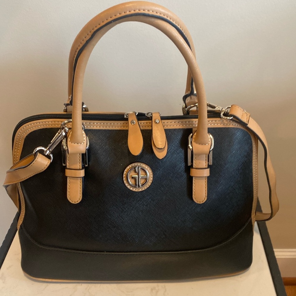 Giani Bernini's black with taupe trim triple compartment structured satchel